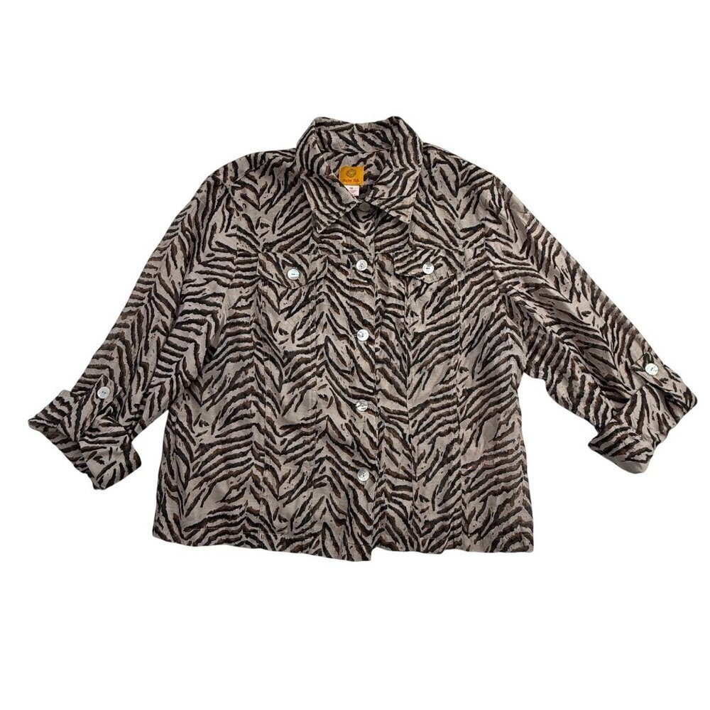 Ruby Rd Animal Print Linen Blend Top Shacket Lightweight Semi Sheer Safari SZ 16